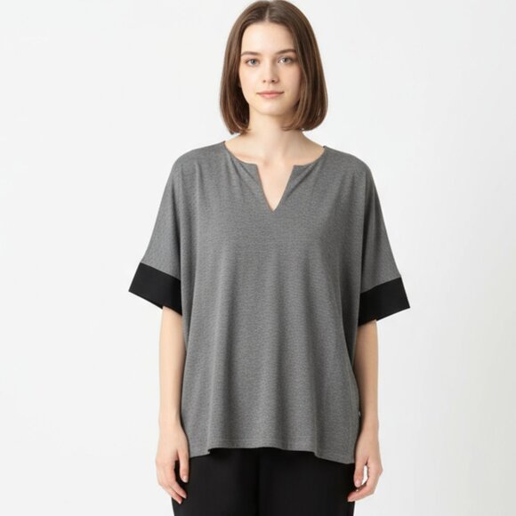 Natori Women's Gray & Black Short Sleeve Drape Oversize Tunic V Neck Top L - Picture 1 of 6